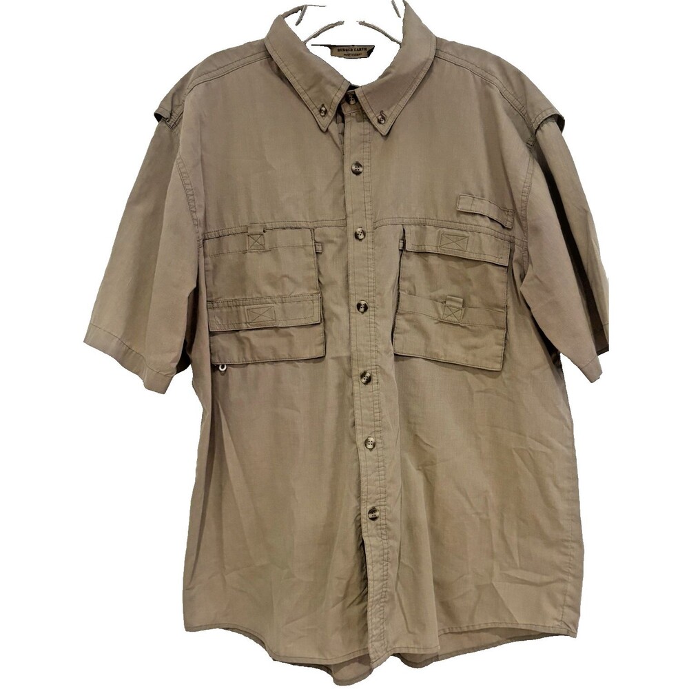 Rugged Earth Outfitters Shirt Men's L Khaki Fishing Outdoor Utility Short Sleeve